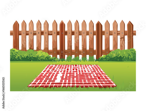 A simple outdoor scene with a red checkered blanket on a picnic table in front of a rustic wooden fence