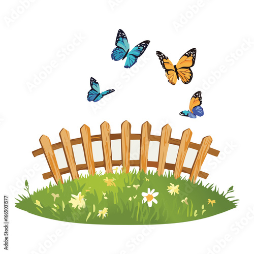 A charming scene of a wooden fence in a sunny meadow with beautiful butterflies and a classic checkered picnic blanket
