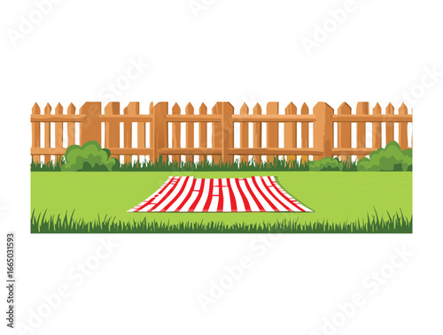 A peaceful summer scene with a checkered picnic blanket on lush green grass in front of a rustic wooden fence