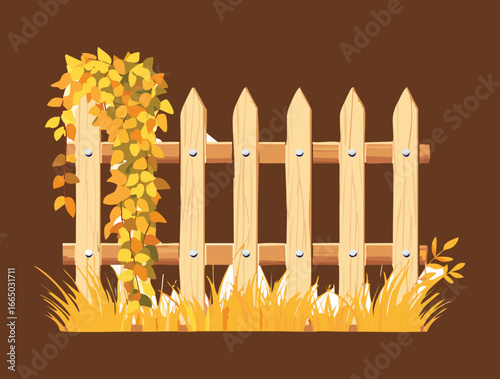 A rustic wooden fence with lush vines and autumn leaves, perfect for a seasonal fall or Thanksgiving background