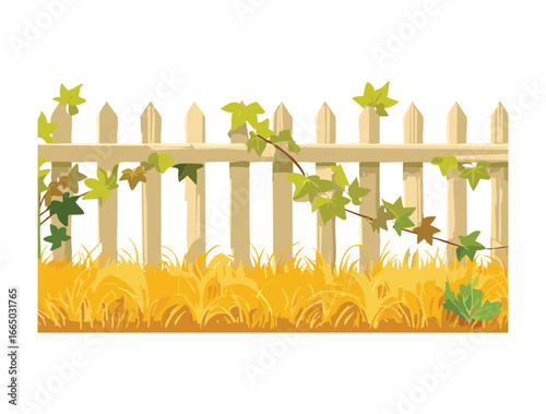 A charming cartoon illustration of a simple wooden fence and gate on a rolling golden hillside with lush wheat stalks