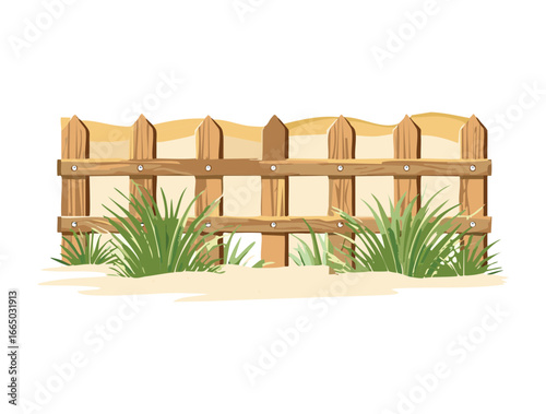 A rustic wooden fence with dry grass on a light beige background, a simple and functional design element illustration