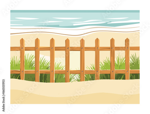 A worn wooden fence on a sandy beach under a light blue sky, a peaceful coastal landscape illustration