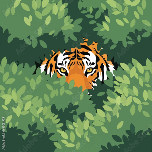 A detailed illustration of a tiger's face peeking through lush green foliage, showcasing its striking orange and black stripes.