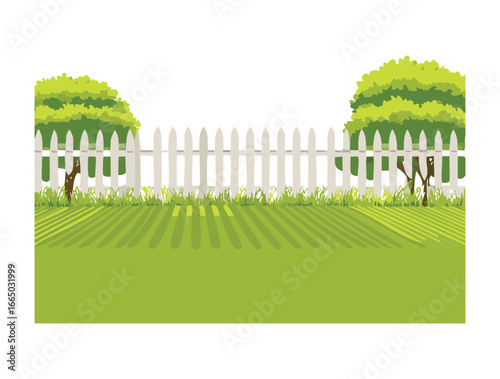 A beautiful lush green lawn with a white picket fence under a bright, sunny sky, a perfect summer day illustration