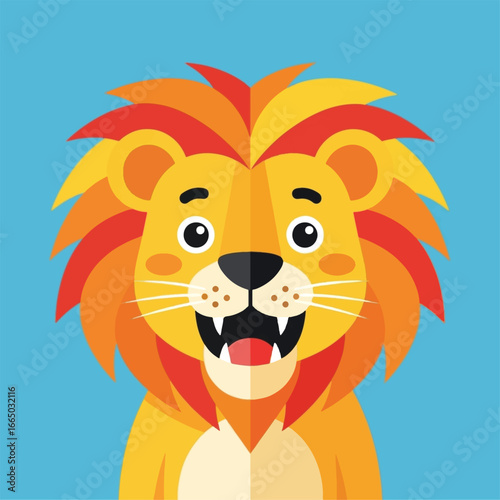 Smiling cartoon lion illustration in flat style.
