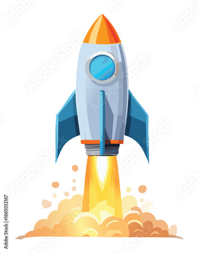 A retro rocket launching into the sky, a fun and nostalgic illustration of space adventure and exploration
