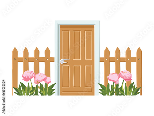  Quaint wooden door with a single window, a picket fence and lush green grass, a peaceful and natural home scene illustration