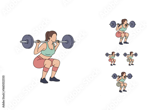 Woman performing barbell back squats, vector illustration. Fitness guide.