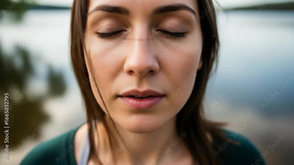 A serene portrait of a young woman meditating by a calm lake, eyes closed, finding inner peace and A serene portrait of a young woman meditating by a calm lake, eyes closed, finding inner peace and