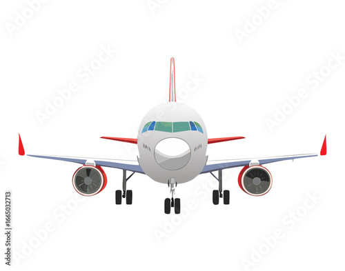 Front view of a passenger jet with a red tail, a modern and sleek illustration for airline and travel concepts
