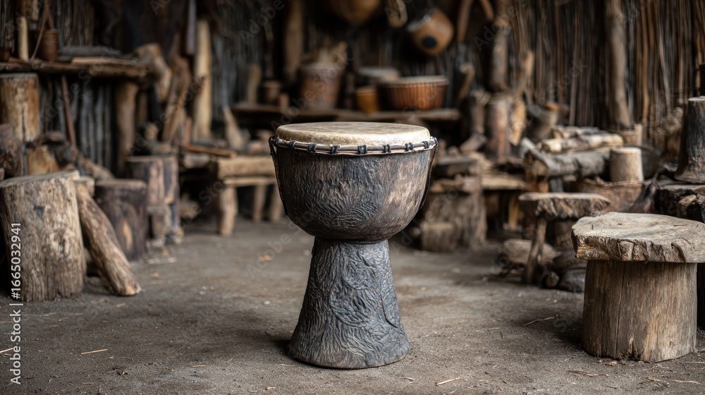 Fototapeta premium Dark wooden drum in rustic workshop
