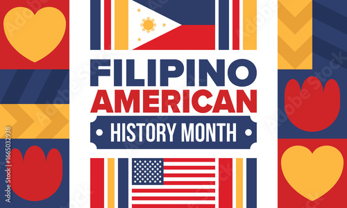 Filipino American History Month. Happy holiday celebrate annual in October. Filipinos and United States flag. Culture month. Patriotic design. Poster, card, banner, template. Vector illustration