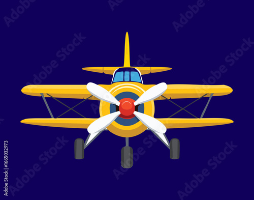 Front view of a classic biplane at night, a dramatic and nostalgic illustration of a vintage aircraft
