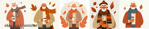 vector of a half body grandfather enjoying coffee to warm the body in autumn