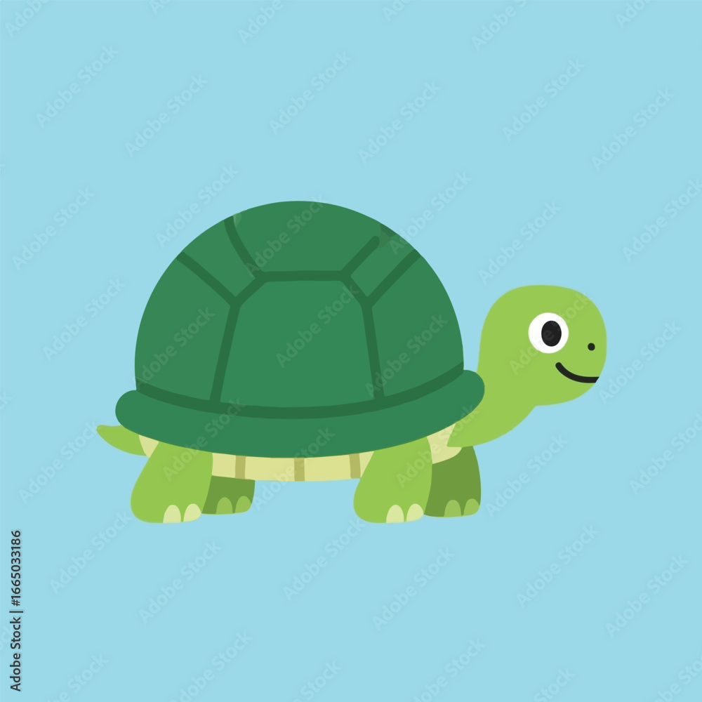 Obraz premium A charming cartoon illustration of a green turtle with a happy expression and a blue background.