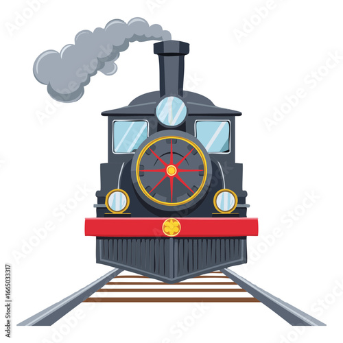 Front view of an old classic steam train locomotive, a powerful and detailed representation of railroad history
