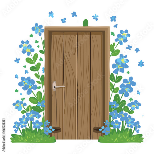 Simple wooden door with a small window, surrounded by a bed of charming blue flowers, a peaceful and natural entryway illustration