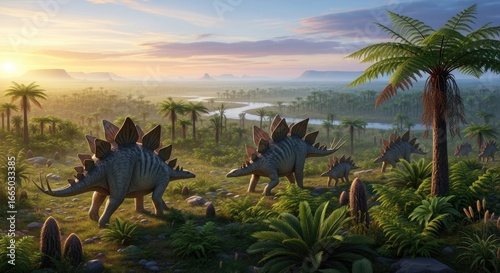 Stegosaurus Herd Roaming in a Prehistoric Landscape at Sunset