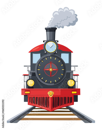 Front view of a classic steam train locomotive with smoke, a detailed and majestic illustration of a vintage machine