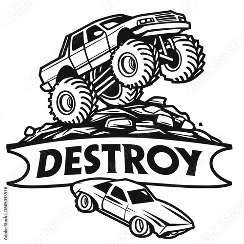 Black and white illustration of a monster truck crushing a car with the word D E S T R O Y on a banner
