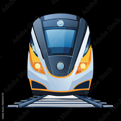 Front view of a high-speed train with a sharp design, a modern and futuristic representation of railway travel
