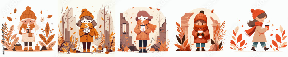 Fototapeta premium vector of a little girl enjoying coffee to warm the body in autumn