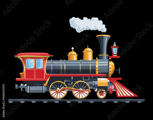 A classic steam train locomotive on a dark background, a beautiful and nostalgic illustration of a historic machine