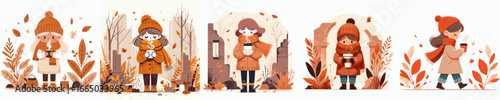 vector of a little girl enjoying coffee to warm the body in autumn