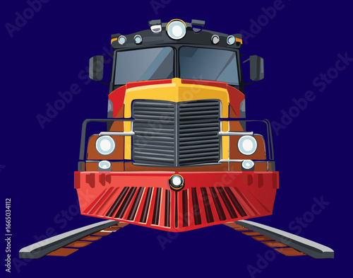 Front view of a powerful old train locomotive at night, a dramatic illustration of a classic machine with a strong presence
