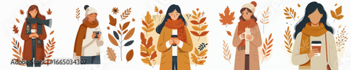 vector of a woman enjoying coffee to warm the body in autumn