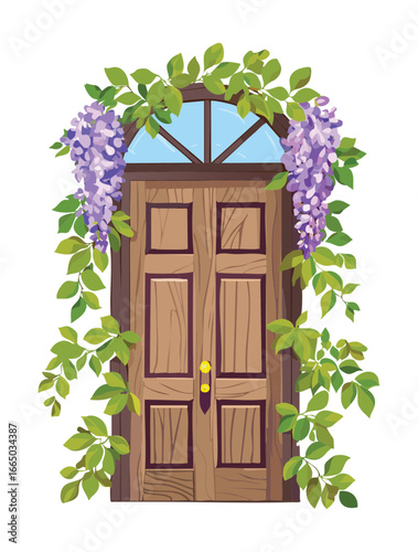 Simple brown wooden door with a long window, framed by a beautiful cascade of purple wisteria, a peaceful and natural entryway illustration
