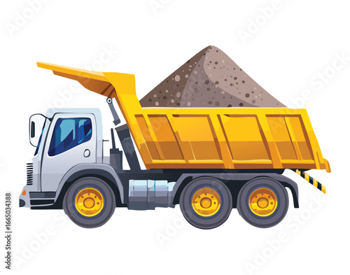 A white dump truck with a full load of sand, an isolated and detailed graphic of a construction and logistics vehicle
