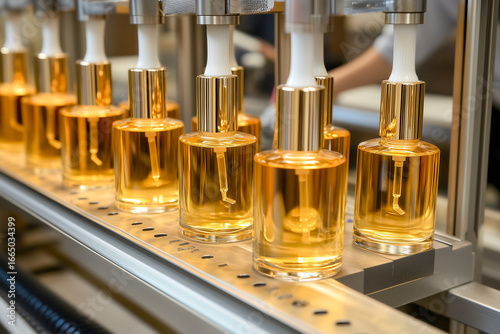 Assembly line where bottles of perfume are being filled and labeled, with workers ensuring precision and accuracy