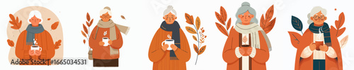 vector of a half body grandmother enjoying coffee to warm the body in autumn