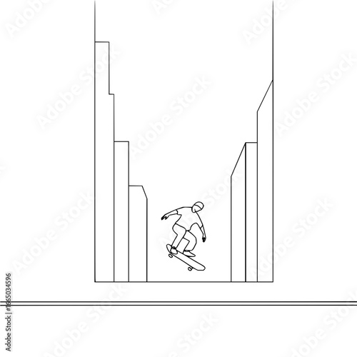 Minimalist skateboarder illustration in city street art design vector graphic for skate park and urban culture