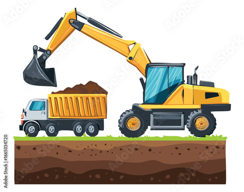 An excavator digging up earth and loading it into a large dump truck, a graphic of heavy machinery in action
