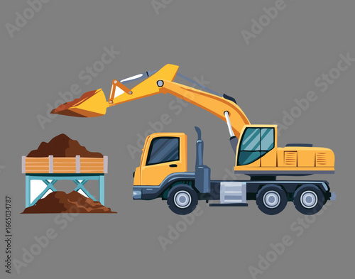 An excavator digging earth and loading a yellow dump truck, a common and essential scene in construction industry
