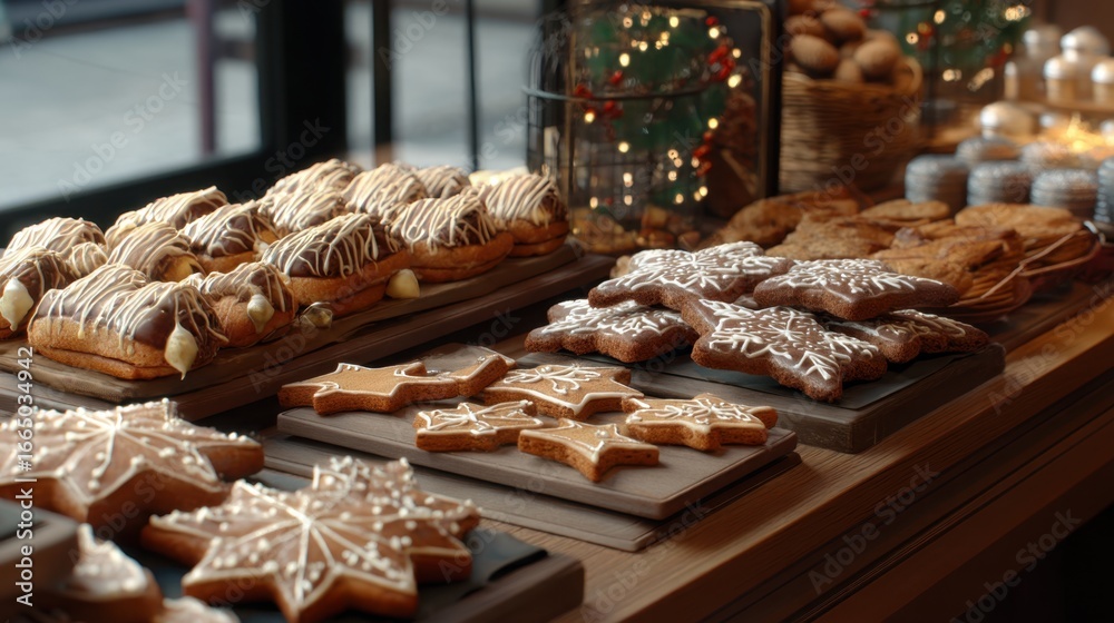 Fototapeta premium Gingerbread cookies and a display of pastries on a wooden table, illuminated by warm lights, showcasing a festive bakery concept.