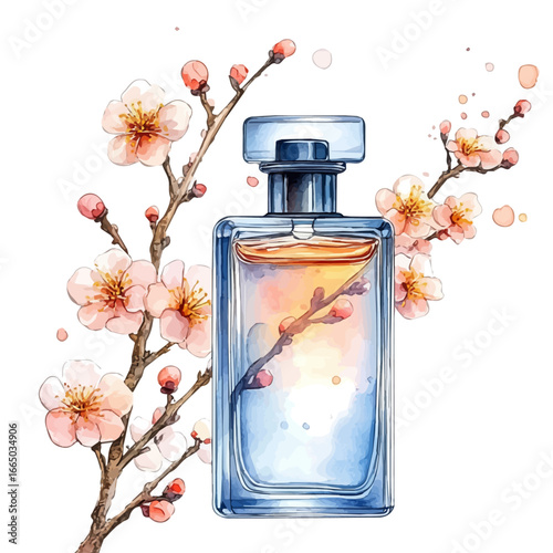 Spring Blossom Perfume Bottle, watercolor drawing vector, isolated on a white background.