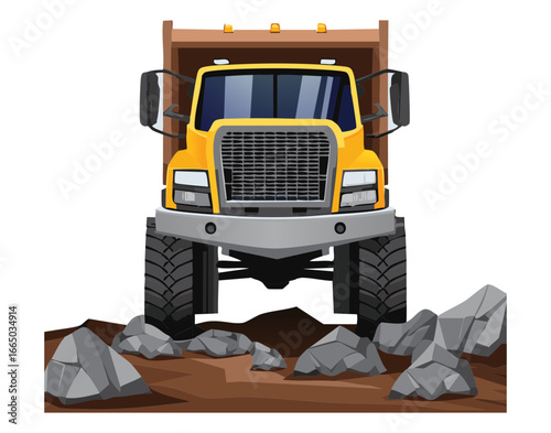 Close-up front view of a big yellow dump truck, a detailed illustration of a powerful construction and mining vehicle
