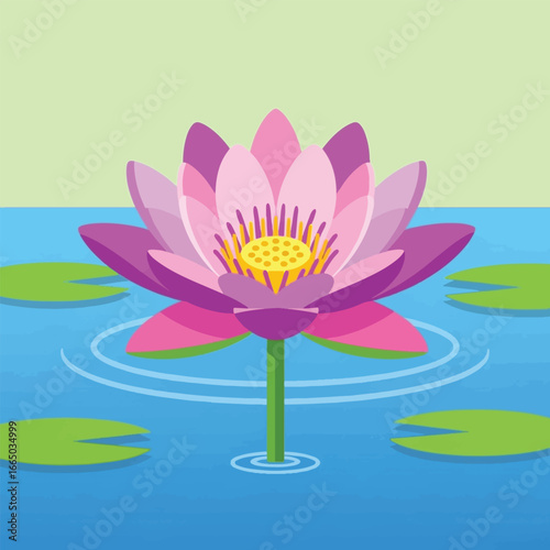 A vibrant illustration of a blooming lotus flower floating on water with lily pads.