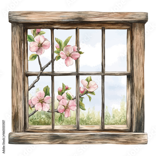 Spring Blossom Window Frame, watercolor illustration vector, isolated on a white background.
