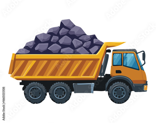 A powerful yellow dump truck carrying a full load of coal or rocks, a dynamic image of industrial work