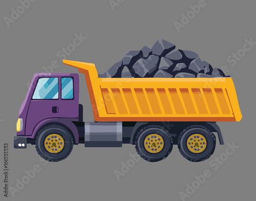  A modern purple dump truck carrying a load of coal or rocks, an image of industrial transport