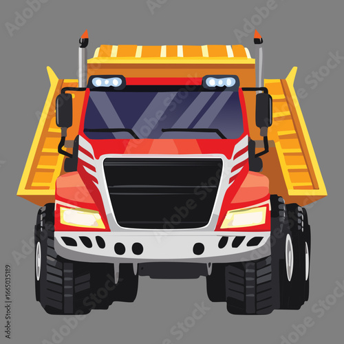 A front view of a stylish red dump truck, a modern and functional design