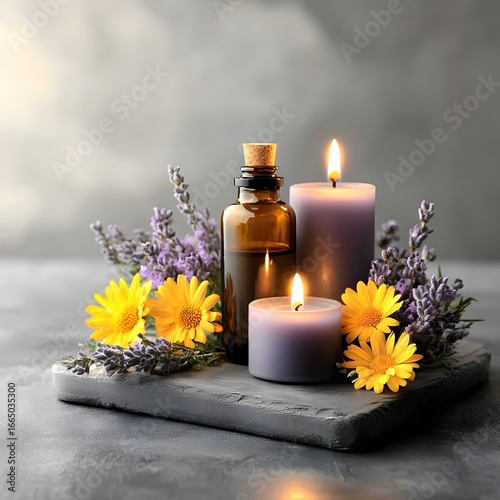 Relaxing Spa Scene with Lavender, Candles, and Essential Oil