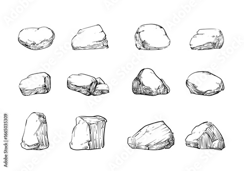 Stone, rock hand drawing nature element isolated on white background. Natural rocky slate lump engraving hand drawn in retro style.