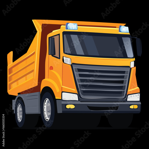 A front view of a modern yellow dump truck on a black background, a bold and striking image