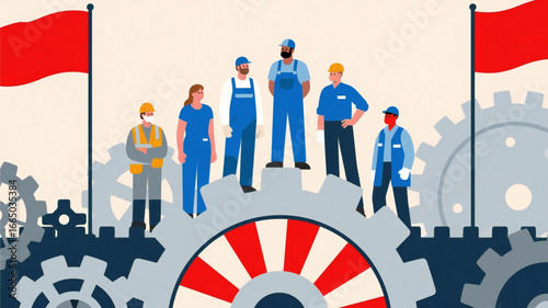 Diverse team of essential workers standing on gears, symbolizing collective strength and labor solidarity, ideal for campaigns and celebrations honoring the workforce